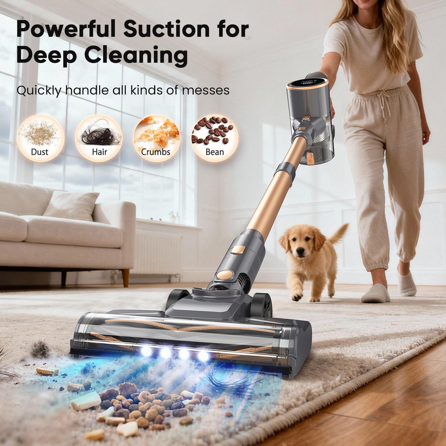 BonePone N12S Cordless Vacuum Cleaner, 30KPa Powerful Vacuum with 60 Mins Runtime, Self-Standing, LED Display, Rechargeable Lightweight Handheld Vacuum Cleaners (Grey)