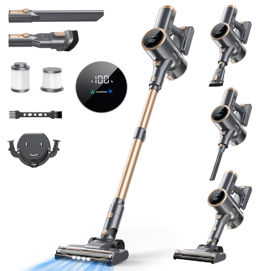 BonePone N12S Cordless Vacuum Cleaner, 30KPa Powerful Vacuum with 60 Mins Runtime, Self-Standing, LED Display, Rechargeable Lightweight Handheld Vacuum Cleaners (Grey)