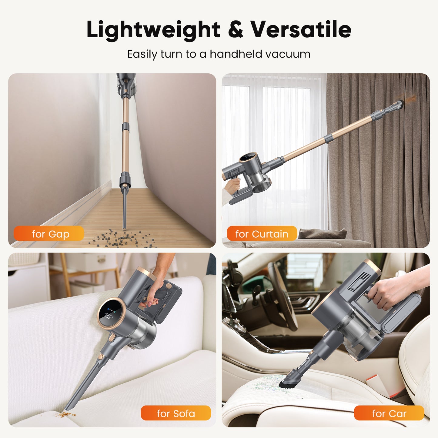 BonePone N12S Cordless Vacuum Cleaner, 30KPa Powerful Vacuum with 60 Mins Runtime, Self-Standing, LED Display, Rechargeable Lightweight Handheld Vacuum Cleaners (Grey)
